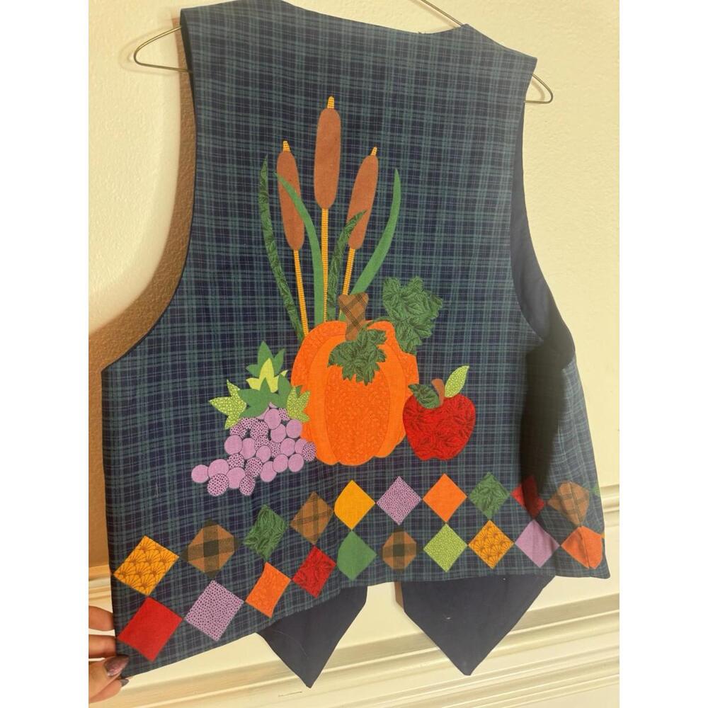 Vtg 90s Handmade Halloween Vest L Pumpkin Apple Patchwork grandmacore Fall